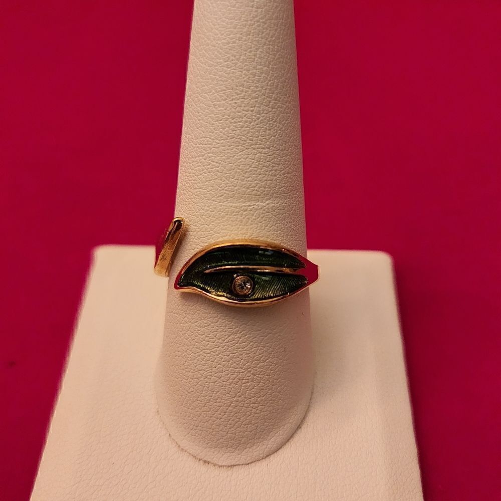 Avon Vintage Signed Gold Plated Green Leaf Rhinestone Ring, Adjustable Size